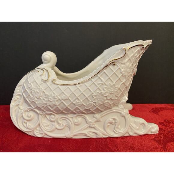 Palm Tree Company Sleigh: Christmas Holiday Décor Ivory White Gold Leaf Trim - Picture 2 of 16